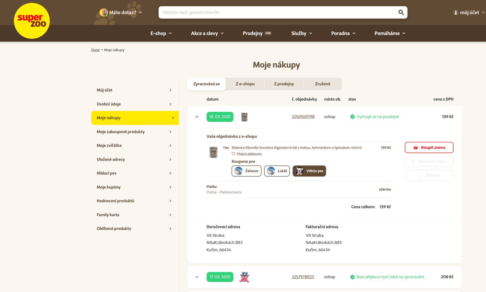 Mimo jiné uživatel nalezne v uživatelském profilu veškeré informace o objednávkách a může udělat jednoduše opakovaný nákup.